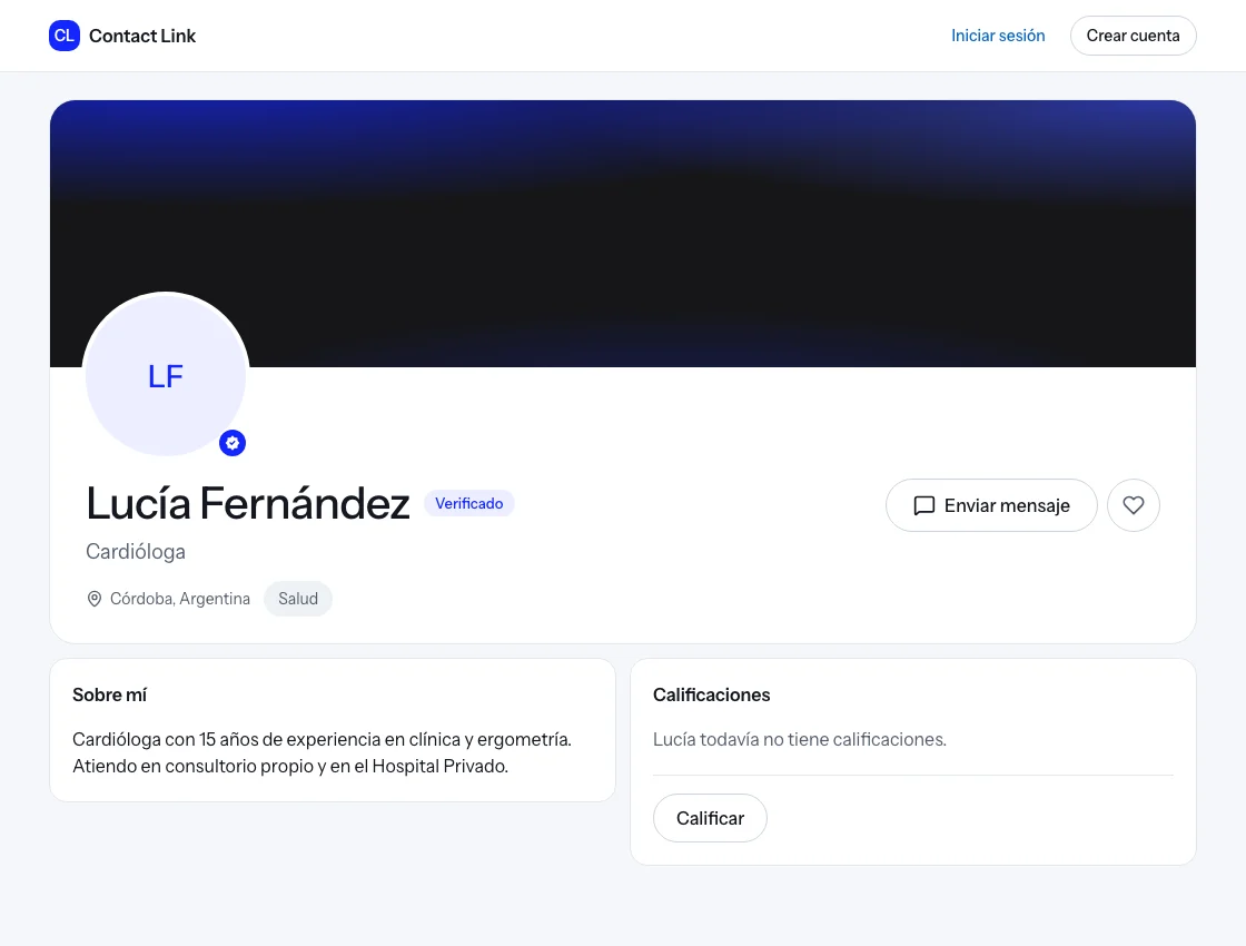 Vista de demostración de un perfil profesional de ContactLink, con presentación y reserva de turnos